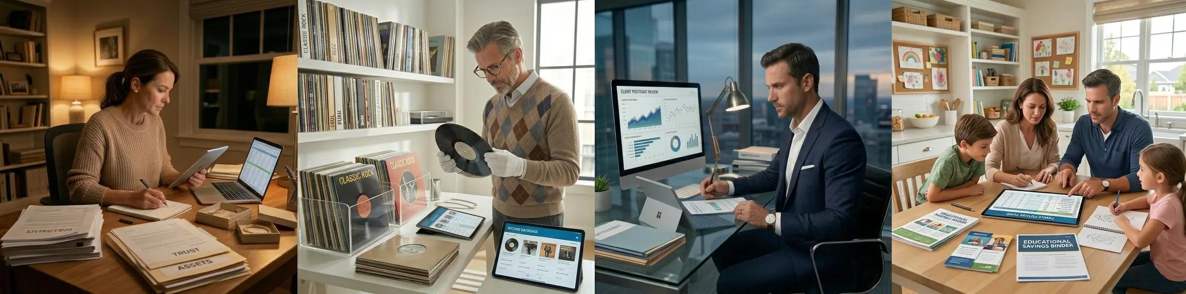 Collage of Covet user personas: a mother organizing at night, a collector cataloging valuables, and a professional advisor at work